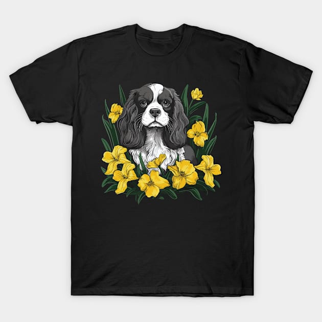 King Charles Spaniel with daffodils illustration T-Shirt by gezwaters